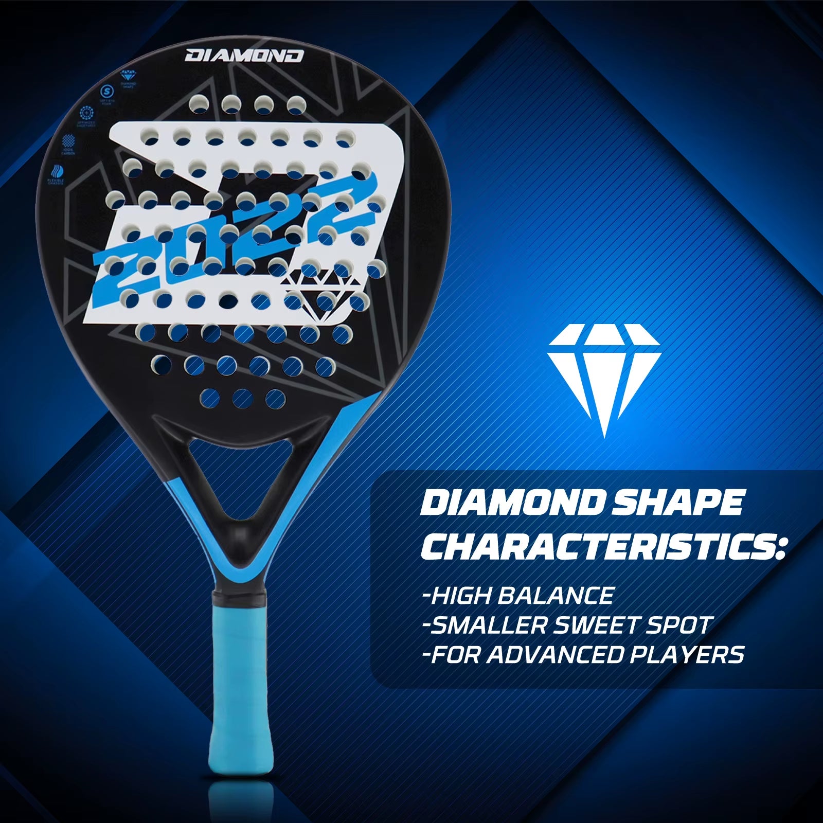 2022 Padel Racket Pro Tennis Padel Paddle Racket Full Carbon Diamond Shape High Blance for Advanced Plays EVA SOFT Padel Balls